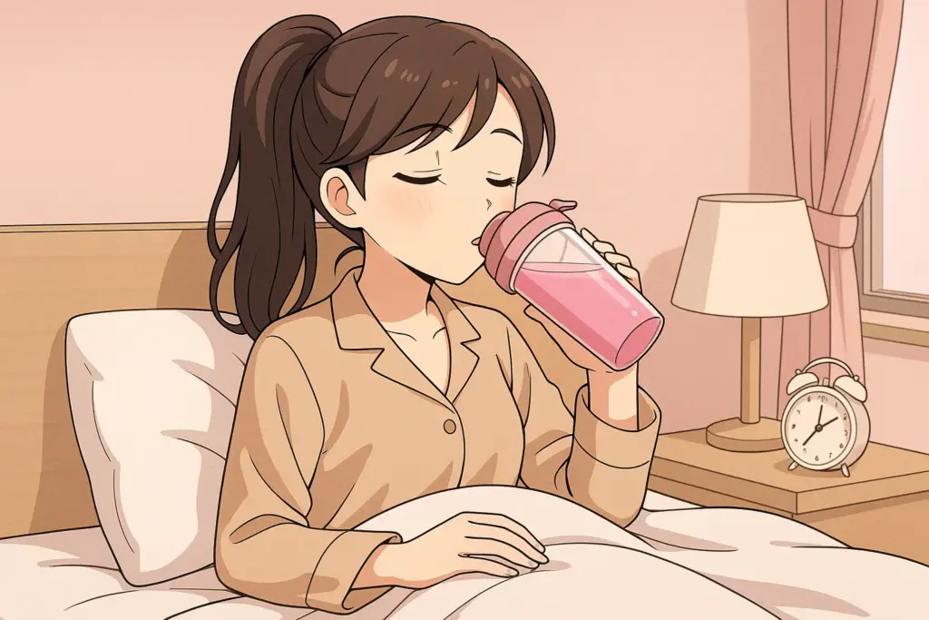 寝る前にプロテインを飲む女性