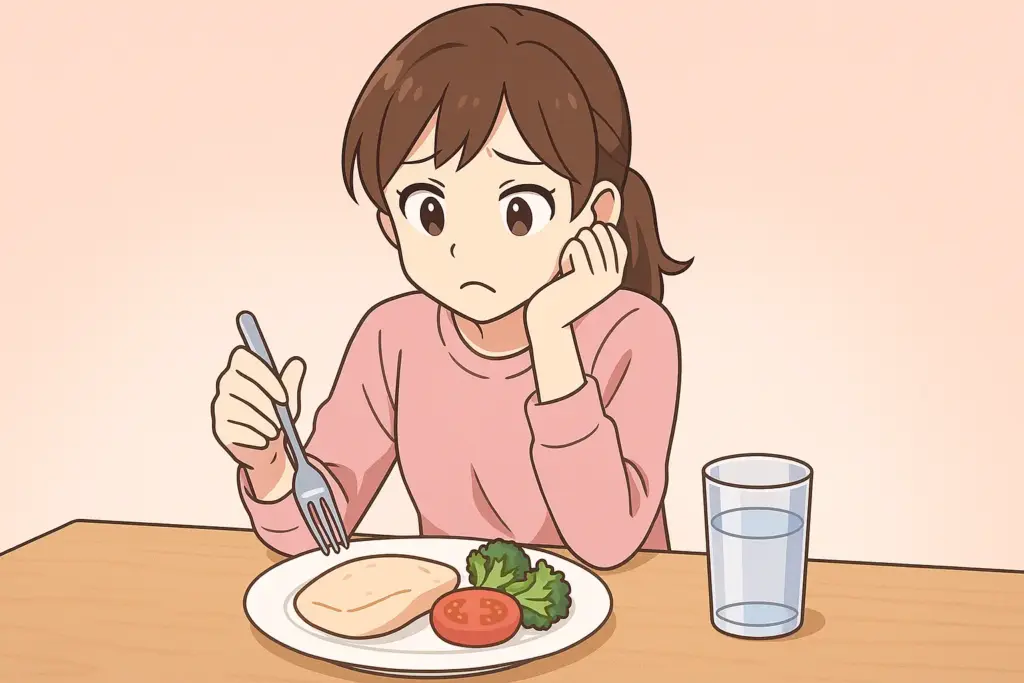 食事から頑張ってタンパク質を取る女性