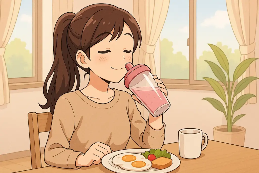朝食と一緒にプロテインを飲んで整っている女性
