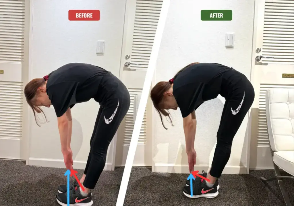 駅前筋肉留学GOで実際に3ヶ月姿勢改善に挑戦した際のビフォーアフター画像(前屈の変化)